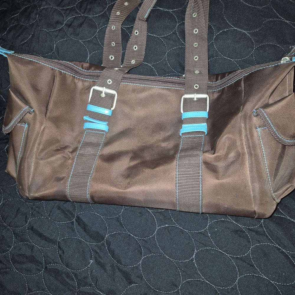 Brown Canvas Tote Bag with Blue Accents - Men's Carryall